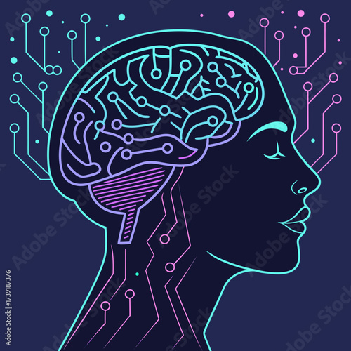 Illustration of a human head in profile connected to circuit boards representing artificial intelligence