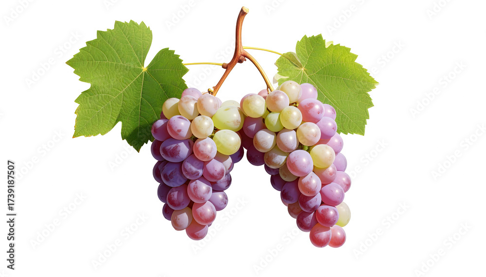 Fototapeta premium Lush bunches of grapes in shades of purple, green, and yellow hang from a vine with green leaves, isolated against a solid black backdrop to emphasize the fruit's vibrant colors and textures in a ...