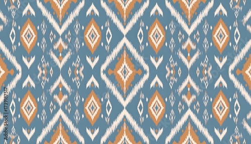 Repeat pattern featuring geometric shapes in blue, orange, and cream