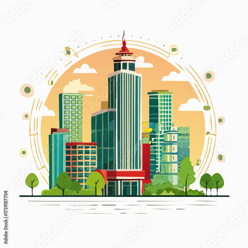 Sustainable urban development illustrated with interconnected elements