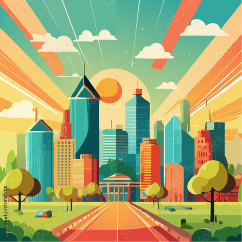 Sustainable urban development illustrated with interconnected elements