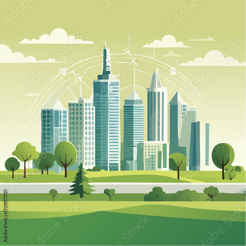 Sustainable urban development illustrated with interconnected elements