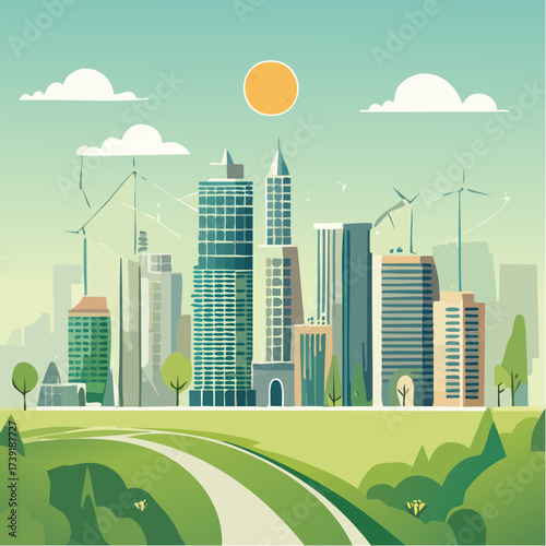 Sustainable urban development illustrated with interconnected elements