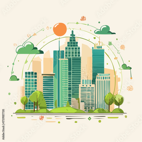 Sustainable urban development illustrated with interconnected elements