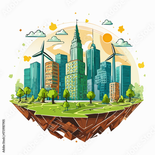 Sustainable urban development illustrated with interconnected elements