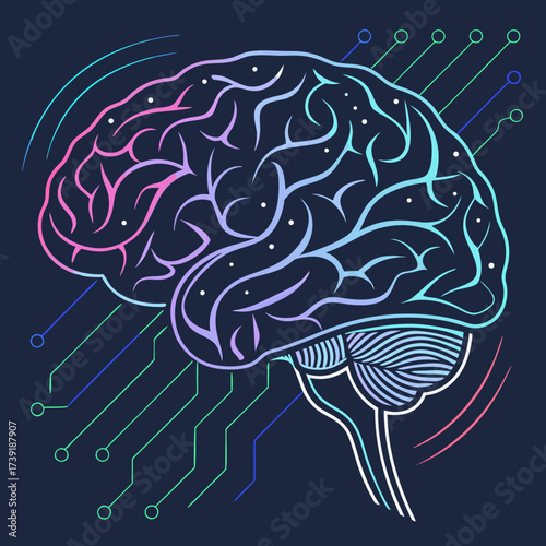Stylized brain illustration with neural network connections and colorful gradient design elements present
