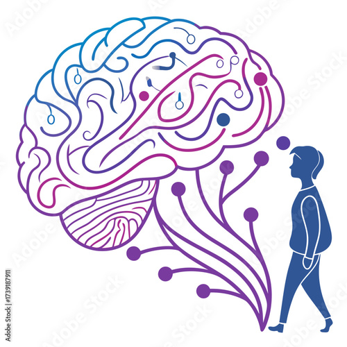 Illustration of a human brain with neural connections and a person walking towards the brain design