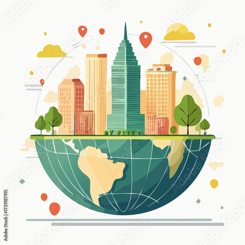 Sustainable urban development illustrated with interconnected elements