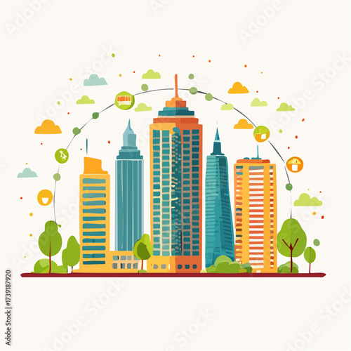 Sustainable urban development illustrated with interconnected elements