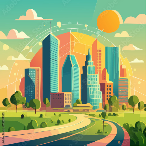 Sustainable urban development illustrated with interconnected elements