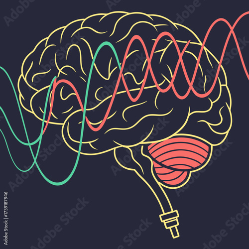 Stylized brain illustration with colorful wave patterns on a dark background depicting brain activity