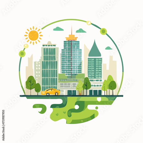 Sustainable urban development illustrated with interconnected elements