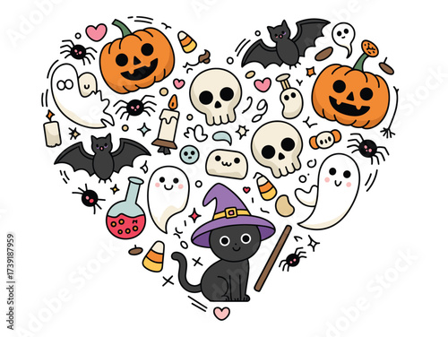 Hallo Halloween heart shape, cartoon ghost, jack-o'-lanterns, black cat with witch hat, potion, candy corn, festive spooky, Halloween cartoon set.