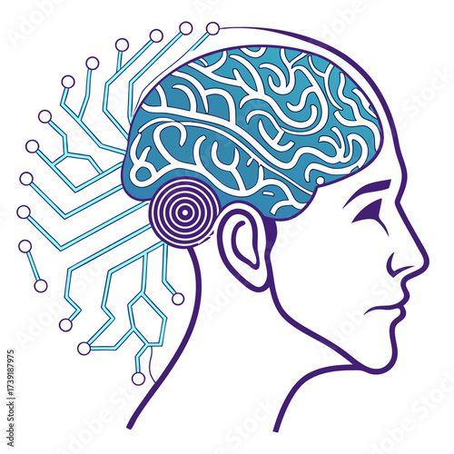 Illustration of a head with a brain shaped like a maze and circuit connections on the side of the head