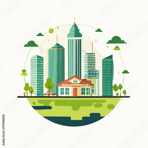 Sustainable urban development illustrated with interconnected elements