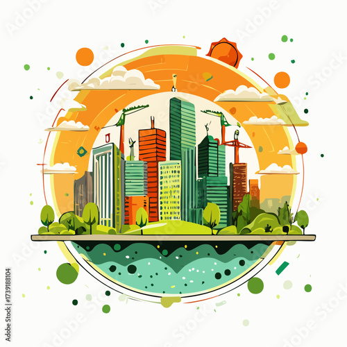 Sustainable urban development illustrated with interconnected elements