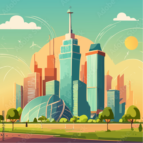Sustainable urban development illustrated with interconnected elements