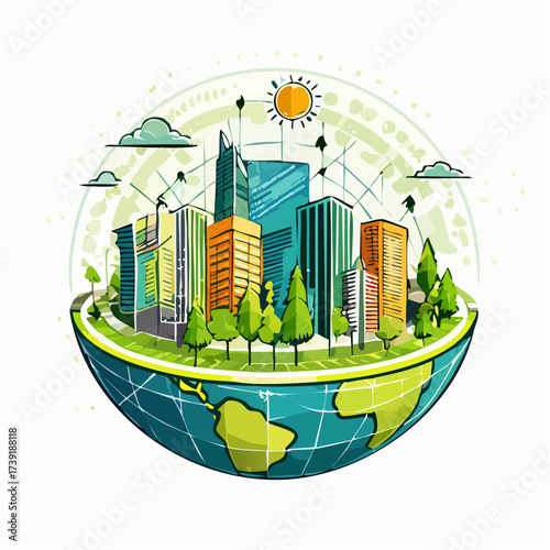 Sustainable urban development illustrated with interconnected elements