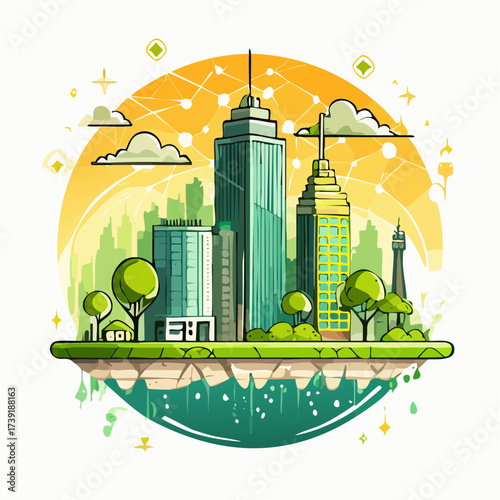 Sustainable urban development illustrated with interconnected elements