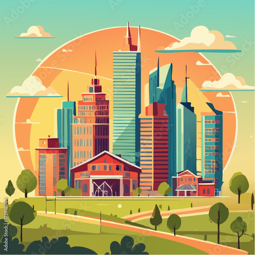 Sustainable urban development illustrated with interconnected elements