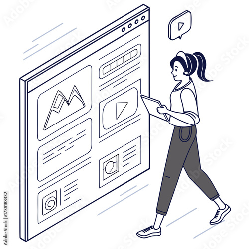 Woman interacting with a large screen displaying various content blocks in an isometric view style image