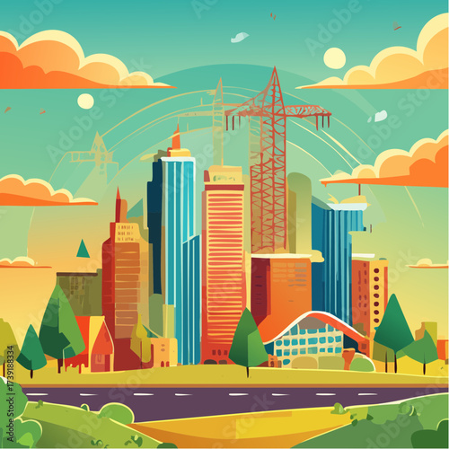 Sustainable urban development illustrated with interconnected elements