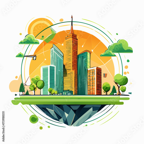 Sustainable urban development illustrated with interconnected elements