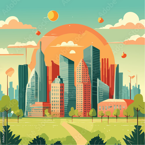 Sustainable urban development illustrated with interconnected elements