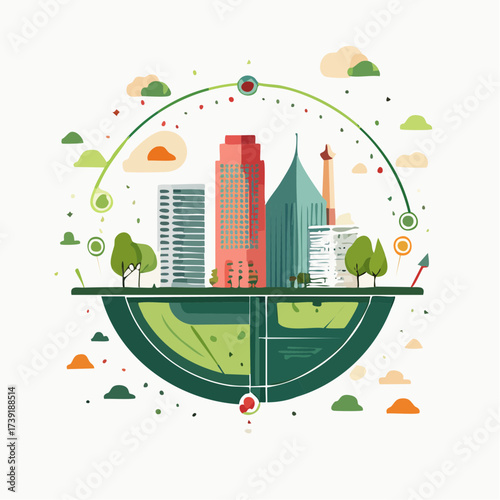 Sustainable urban development illustrated with interconnected elements