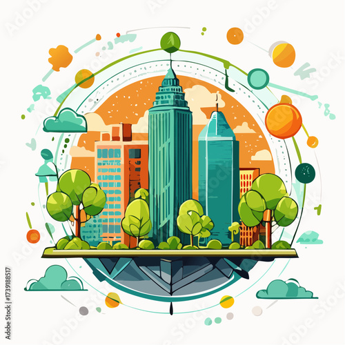 Sustainable urban development illustrated with interconnected elements