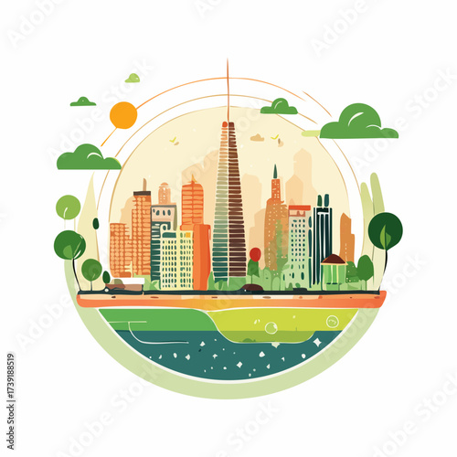 Sustainable urban development illustrated with interconnected elements