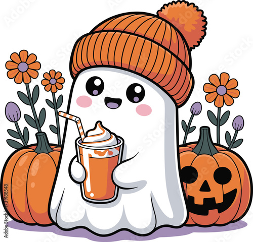 Halloween cartoon ghost, orange knit hat, festive drink cup, jack-o'-lantern, autumn flowers, cozy seasonal vector, cute joyful character illustration