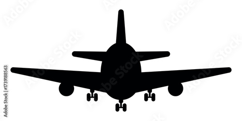 Airplane front view silhouette with landing gear. Black jet aircraft icon symbolizing delivery, logistics, business transport, global shipping, worldwide trade, globalization and international travel