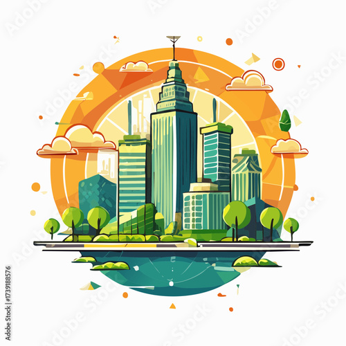 Sustainable urban development illustrated with interconnected elements