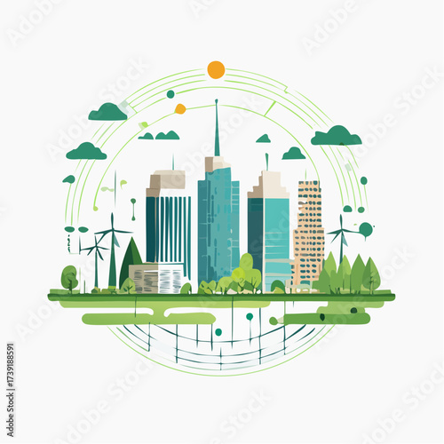 Sustainable urban development illustrated with interconnected elements