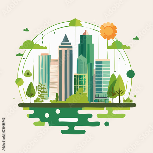 Sustainable urban development illustrated with interconnected elements