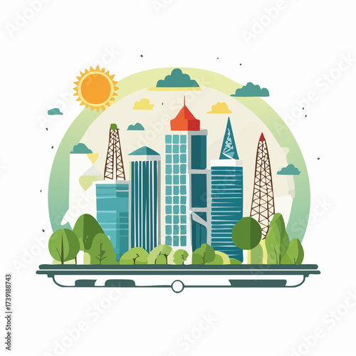 Sustainable urban development illustrated with interconnected elements