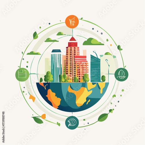 Sustainable urban development illustrated with interconnected elements