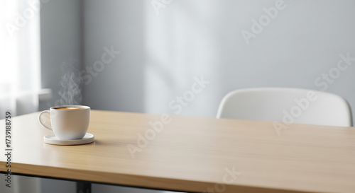 A cup of coffee on a wooden table next to a chair in a minimalist living space with natural light