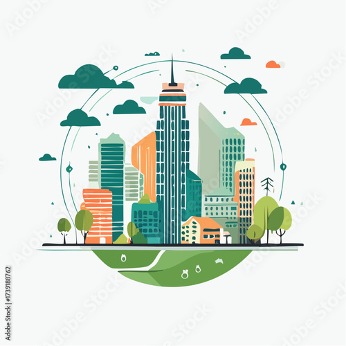 Sustainable urban development illustrated with interconnected elements