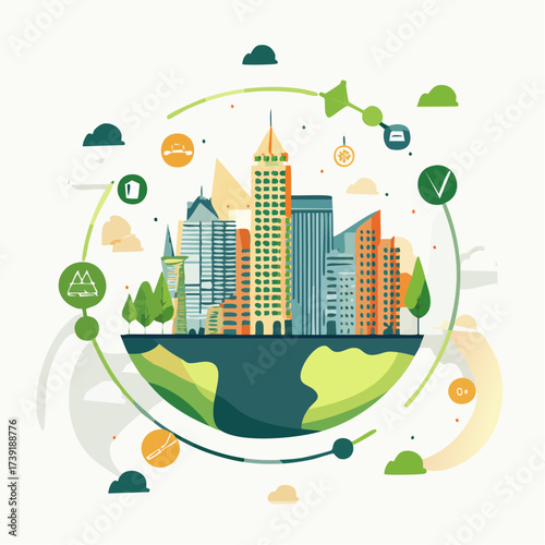Sustainable urban development illustrated with interconnected elements