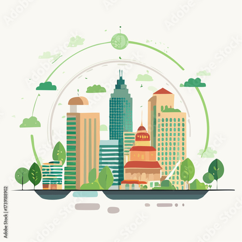 Sustainable urban development illustrated with interconnected elements