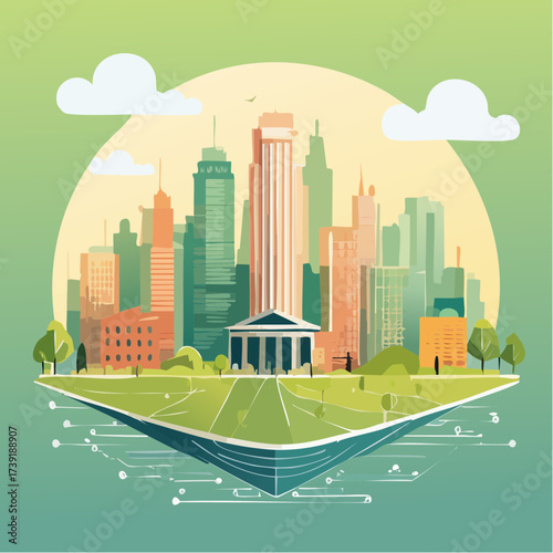 Sustainable urban development illustrated with interconnected elements