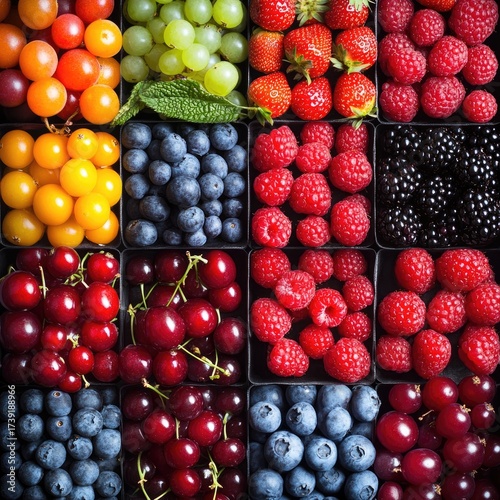 Assorted fresh fruit and berries in square grid