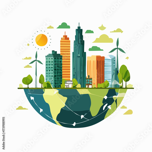 Sustainable urban development illustrated with interconnected elements