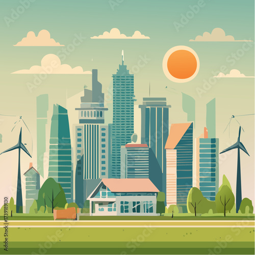 Sustainable urban development illustrated with interconnected elements