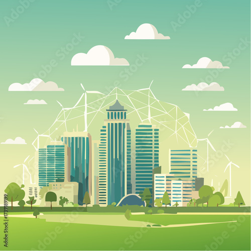 Sustainable urban development illustrated with interconnected elements