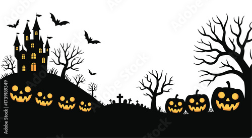 Halloween haunted house silhouette, glowing jack-o'-lanterns, spooky bats, graveyard tombstones, eerie trees, white background, scary festive vector illustration