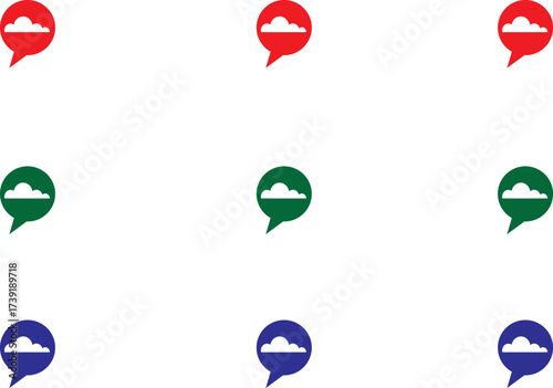 Set of 9 cloud icons placed over communication chat bubbles, representing cloud messaging, online storage, and modern communication.