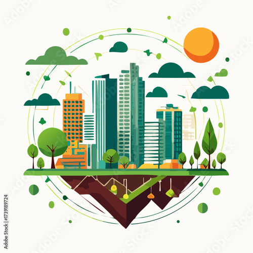 Sustainable urban development illustrated with interconnected elements